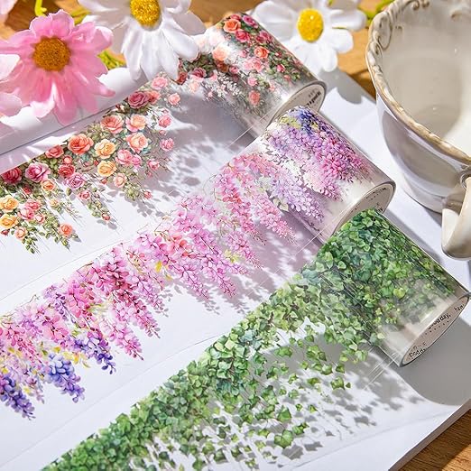 3 Rolls Floral Washi Tape - Colorful Rose Vine Flower Tape Stickers, Self-Adhesive Green Leaf PET Tape, Decorative Tape for Crafts, Scrapbook, Journal, Notebook, Photo Album, Gift Wrap