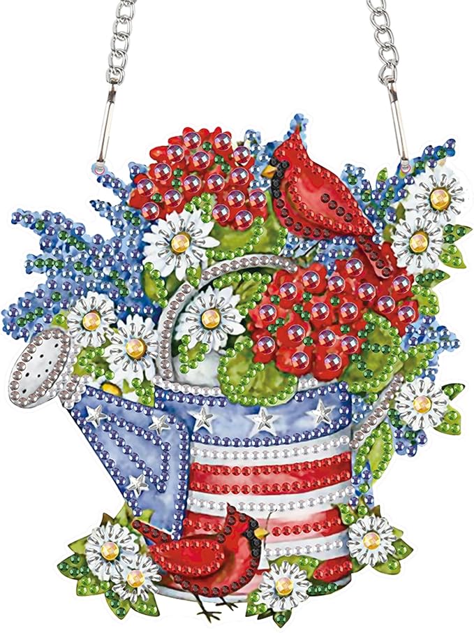 AiYuanzsh Independence Day Diamond Art Painting Hanging Pendant Kit Special Shaped Diamond Dots Art Acrylic Ornaments Flowers Cardinal Diamond Art Pendant for Adults Home Wall Window Decor Gift