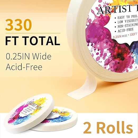Low Tack 2 Packs White Artist Tape for Watercolor Paper Drafting Art Masking Tape Acid Free Painter Watercolor Tape for Painting Canvas Framing, 0.25 inch Wide 330FT Long Total