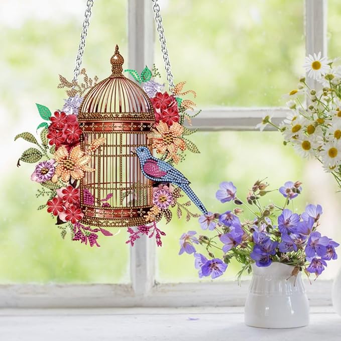 Flower Birdcage Design DIY Diamond Art Painting Wreath Kits Special Shaped Rhinestone Diamond Art Window Pendants Home Garden Wall Hanging Kits (Single Side Point Drill) (#11-Cat) (#03-Bird)