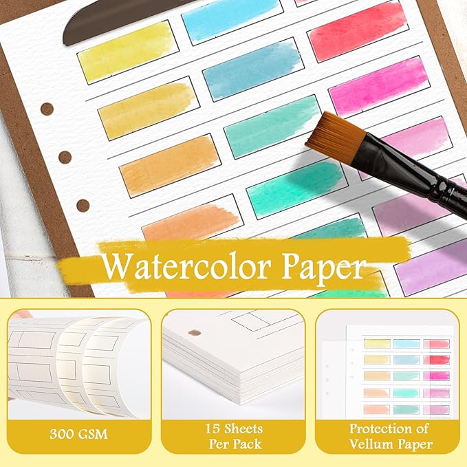 2 Pack Watercolor Swatch Book for Artists 140Lb 100% Cotton 15 Sheets Acid-Free Travel Size Painters Color Diary Spiral-Bound A5 Watercolor Journal Paper for Oil Pastels with Glassine PVC Cover