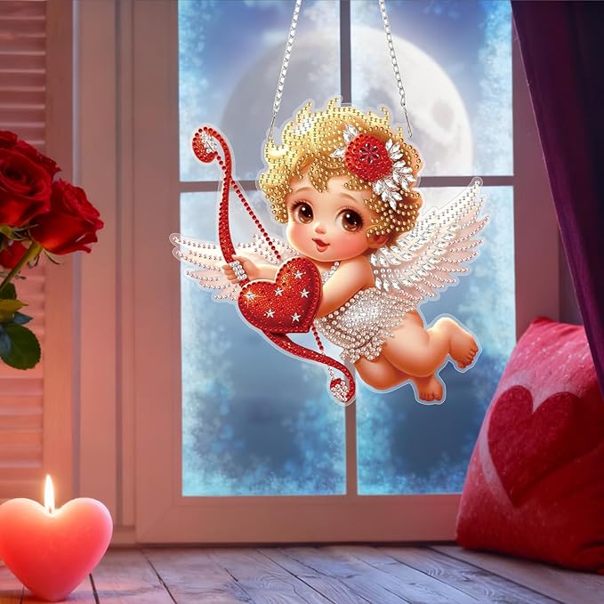 Bowetile Valentine's Day Diamond Art Hanging Kits for Adults, Diamond Art Suncatchers Cupid, 5D Special Shape Diamond Painting Love Pendant Window Ornament Gifts for Home Door Wall Decor