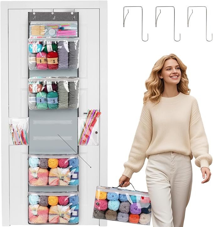 Coopay Yarn Storage Hanging Knitting Bag with 6 Compartments, Large Yarn Organizers and Storage with 3 Adjustable Hooks, Clear Hanging Knitting Organizer for Crochet Hooks, Knitting Needles