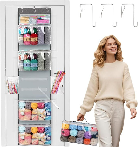 Coopay Yarn Storage Hanging Knitting Bag with 6 Compartments, Large Yarn Organizers and Storage with 3 Adjustable Hooks, Clear Hanging Knitting Organizer for Crochet Hooks, Knitting Needles