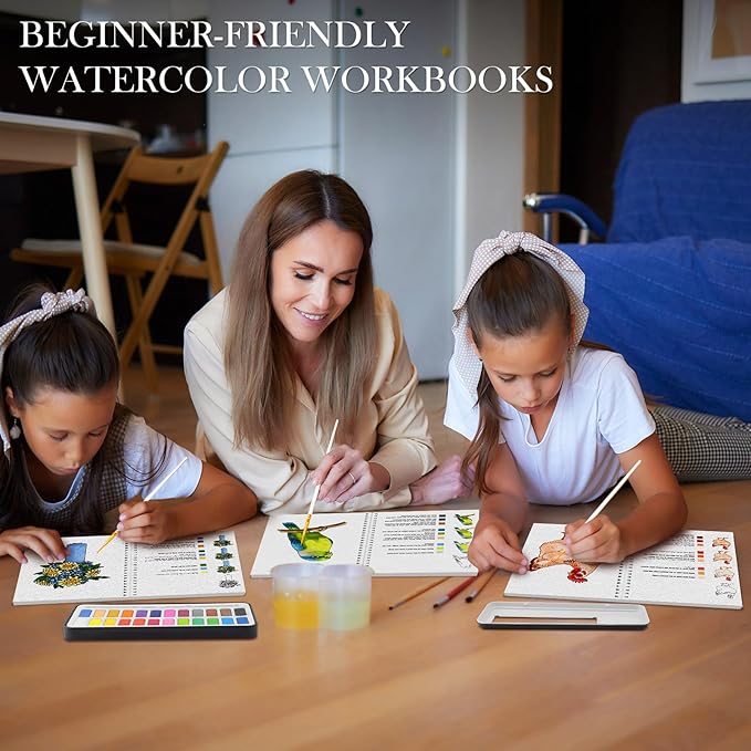 3Pcs Watercolor Workbook Paint Book Beginner Friendly Painting Kit, 36 Pages Workbooks with 24 Paint Colors & Brush for Beginners, Stress-Relieving Gift for Women Adults (Bouquet&Animals&Birds)