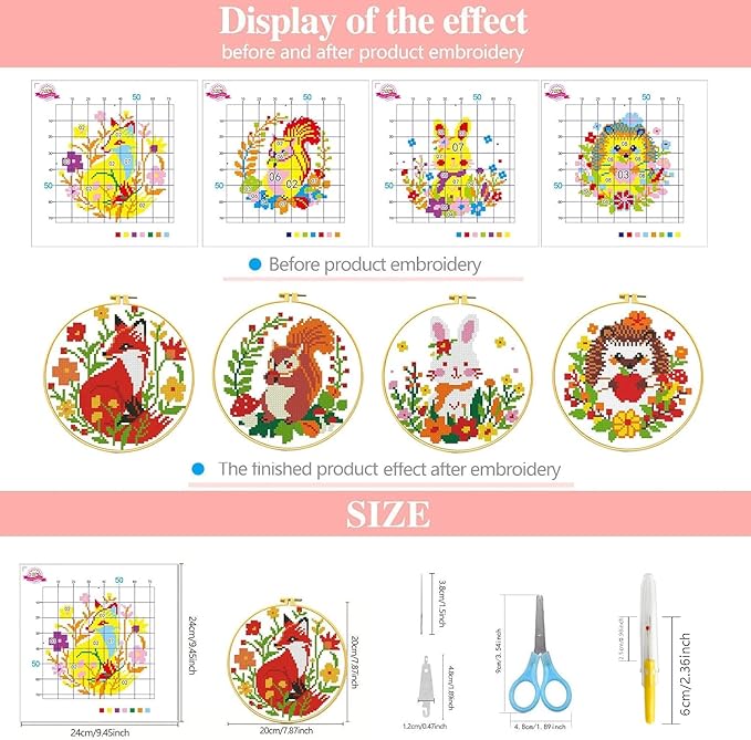 Zhenqing Stamped Cross Stitch Kits for Beginners, Easy-to-Learn Therapeutic Animal Designs with Instructions, DIY Family Craft Kits - Hedgehog, Fox, Squirrel, and Bunny 4-Piece Set (69037)