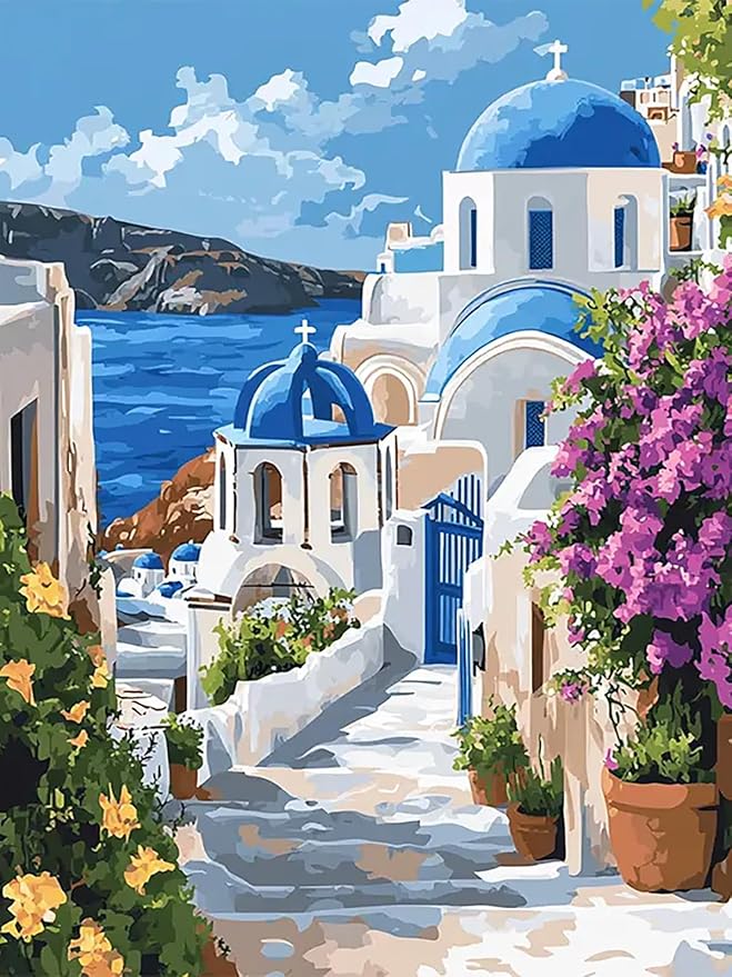 CHWGLFGG 5D Diamond Art Kits for Adults Beginners, Santorini Greece Landscape Diamond Painting Kits, DIY Full Round Drill Paint by Diamonds Dot Gem Art for Adults, Home Wall Decor 12x16 Inch