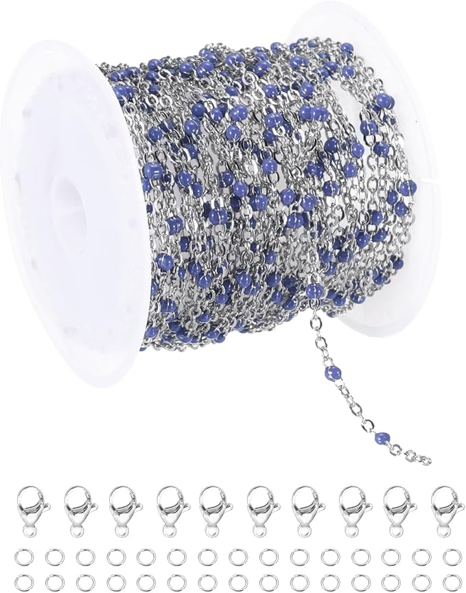 MECCANIXITY Stainless Steel Bead Chain, 16.4 Feet/5M Enamel Beaded Jewelry Link Cable Chains Spool Kit for Jewelry Making, Necklace, Bracelets, DIY Crafts (Silver/Blue, Pack of 1)