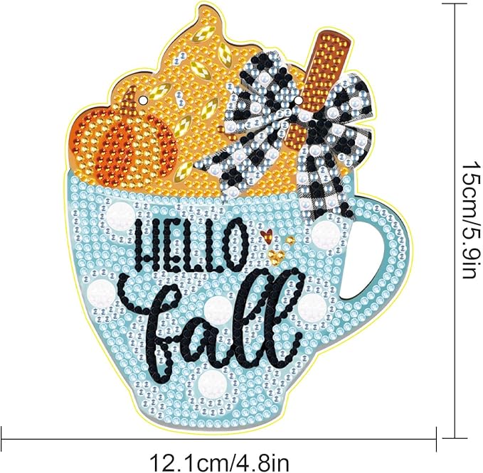 AiYuanzsh Hello Fall Diamond Painting Hanging Kit, 5D DIY Cup Shaped Ornament, Crystal Rhinestone Diamond Art Pendant for Window, Door or Wall Decoration, Thanksgiving Autumn Home Décor Craft Gift