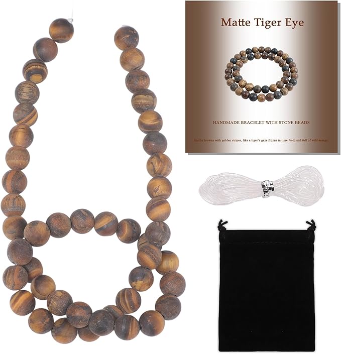 Stone Beads, 45pcs Matte Classic Tiger Eye, 8mm Round Loose Beads for Jewelry Making, Bracelets, with Bag, String & Card