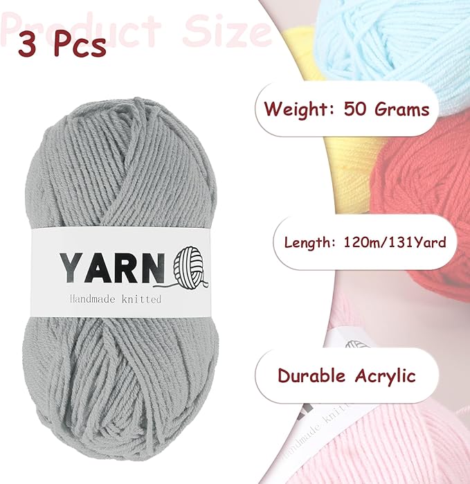 3Pcs Light Gray Acrylic Yarn 400 Yard 4 Ply Soft Crochet Yarns Sport Weight Yarn,[for DIY Crocheting Knitting Craft Blankets Hats]-150g