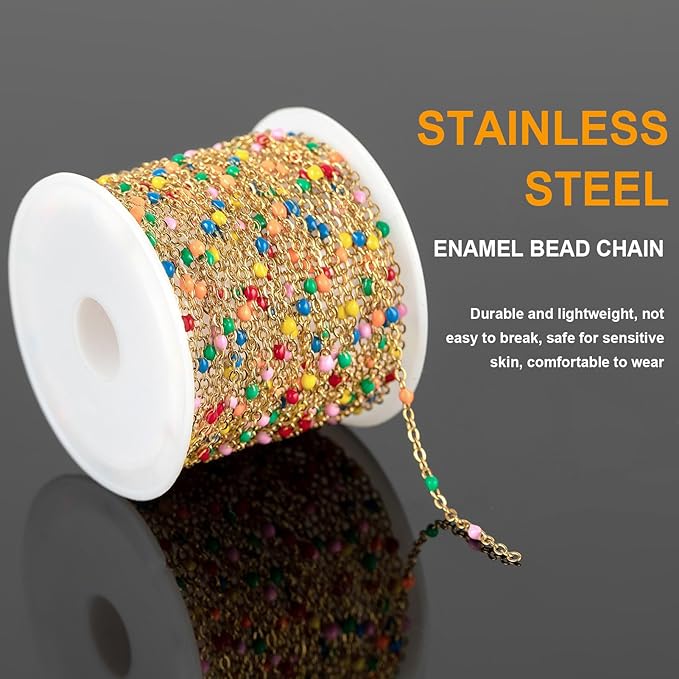 KYUNHOO 16.4 Feet Gold Jewelry Chains for Necklaces Crafting Multicolor Enamel Bead Chain Roll Soldered Stainless Steel Chain for Jewelry Making with Lobster Clasps Jump Rings