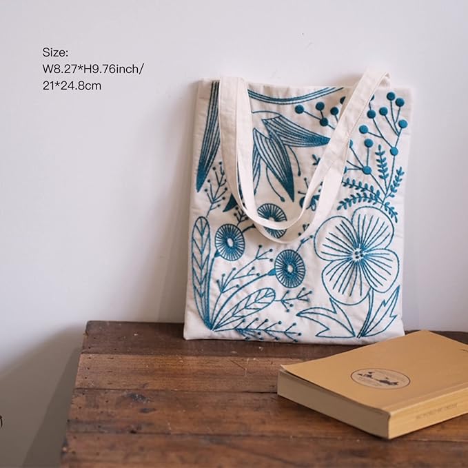smart-feather flower embroidery kit tote bag, hand embroidery kit for adults beginner with embroidery patterns, embroidery hoop,diy sewing kit