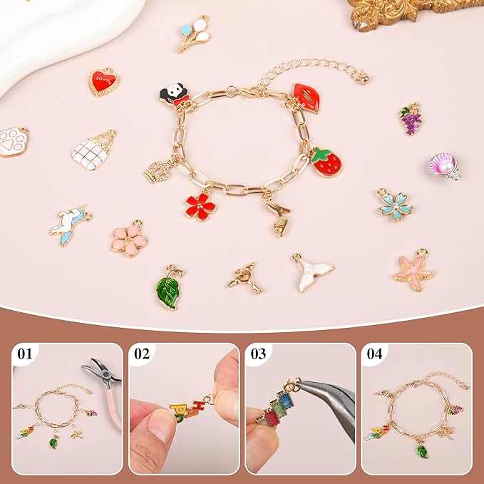 408Pcs Gold Charm Bracelet Making Kit for Girls, Including 12 Bracelet Chains, 152 Charms, 200 Jump Rings, 20 Earing Hook, 2 Necklace, 1 Jewelry Plier for DIY Crafting and Jewelry Making for Adults