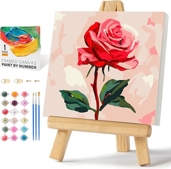 Offito Framed Paint by Numbers Kit for Adults Beginners & Kids Ages 8-12, Rose Flower Acrylic Easy Paint by Number with Frame, Paint by Number Kits on Canvas Framed (10 * 10 Inch, Without Easel)