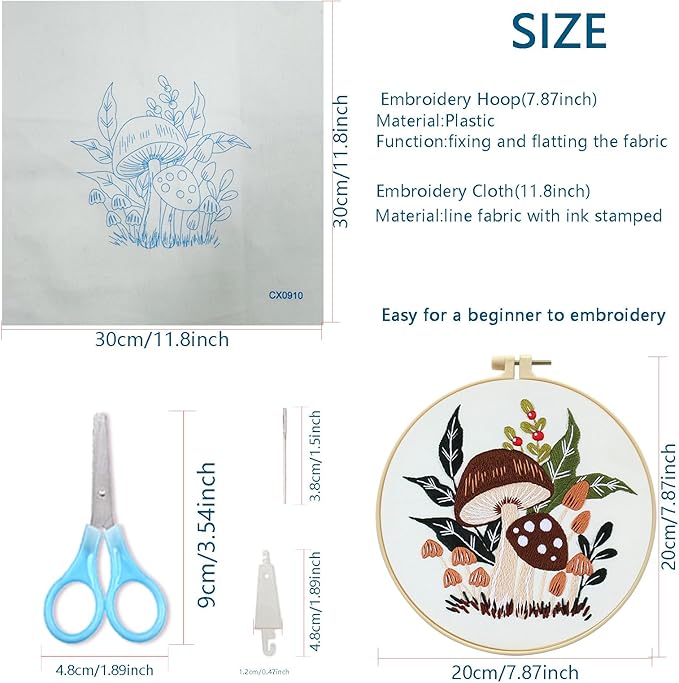 Zhenqing Woodland Mushroom Embroidery Kit for Beginners - 29x29cm Printed Fabric with Hoop & Full Tools(S-CX0910)
