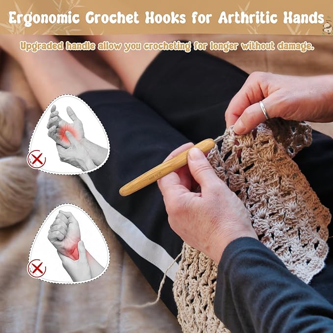 Katech 10 pcs Crochet Hooks Ergonomic Crochet Needles Bamboo Wooden Handle Small Size Crochet Hook (0.75-3.0 mm) Knit Weave Yarn Craft DIY Sewing Tools for Fine Work, Thin Yarn and Lace Knitting