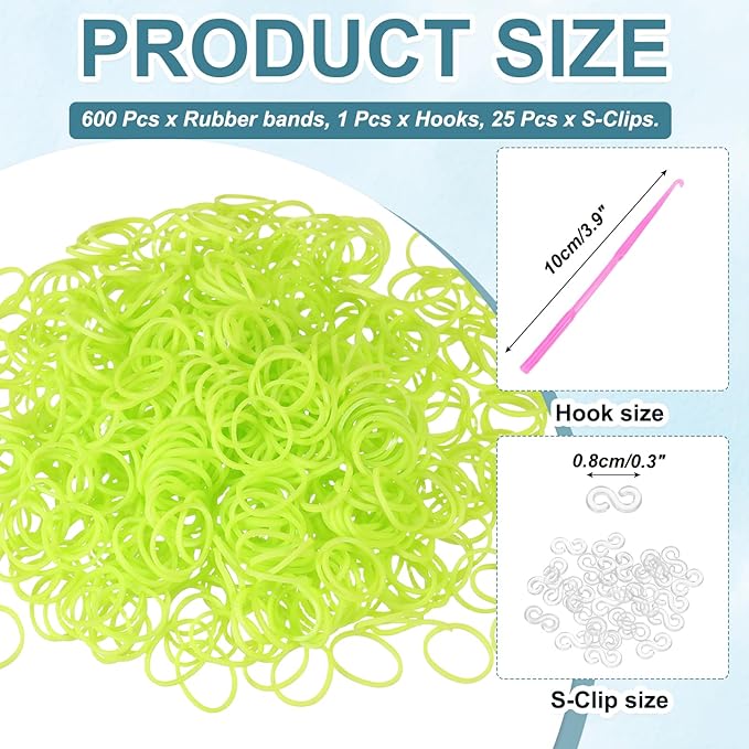 MECCANIXITY 600 Pcs Loom Rubber Bands Kit with 25 Pcs S-Clips 1-Hook Rubber Bands Refill Bracelet Making Kits for Weaving DIY Handcrafts Gift, Fluorescent Yellow