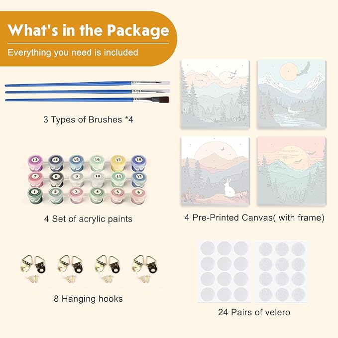 4 Pack Paint by Numbers for Adults with Wooden Framed, Nature Scenery, Sunset, Paint by Number Kits on Canvas for Beginner, DIY Acrylic Oil Painting Kits for Home Decor 8x8 inch, Mountain Landscape