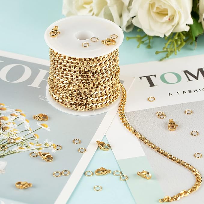 YOUBEIYEE 16.4 Feet Gold Stainless Steel Curb Cuban Chain for Jewelry Making Necklace Choker DIY Findings Chain Spool with Jump Rings Lobster Clasps