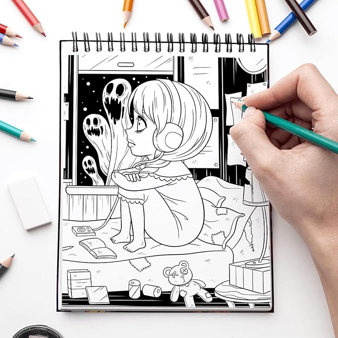 SOUTHERN LOTUS Creepy Girl Coloring Book Spiral Wirebound Hardcover, Horror Illustrations of Adorable Girls Spooky Papers Imagination Relaxation for Adults Women