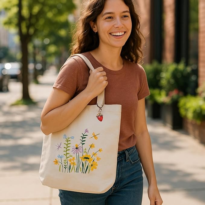 Speedura Embroidery Kit for Beginners – Dual Canvas Tote Bags with Floral Cross Stitch Patterns | Complete Needlepoint Set Includes Hoops, Threads & Step-by-Step Video Tutorial (Beige & Blue Set)