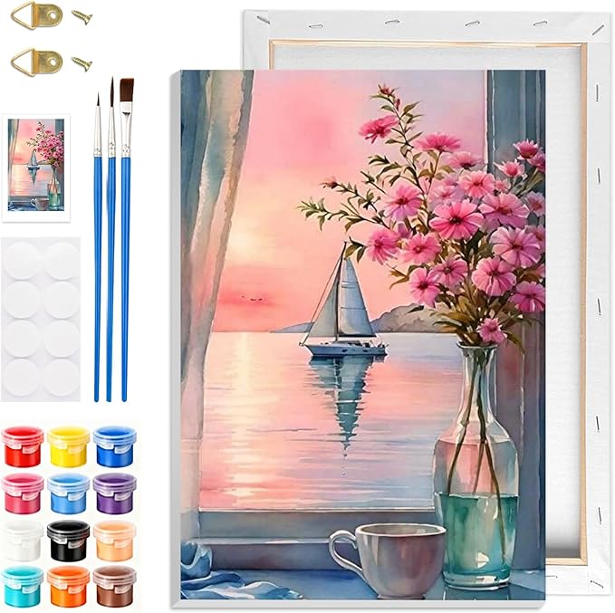 GHHKUD Window Flowers Paint by Numbers Kits with Frame for Adults Beginners, DIY Landscape Paint by Numbers for Kids, Painting Art on Canvas Gifts Home Wall Decor 20x30cm