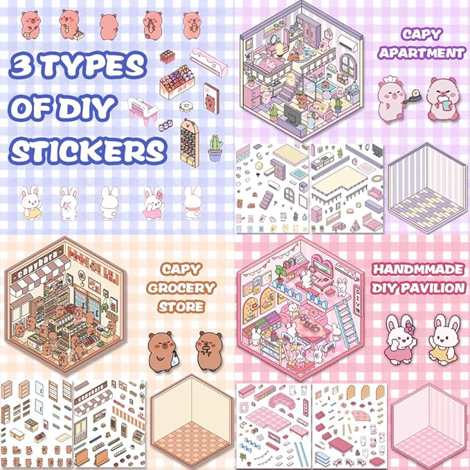 Scrapbooking Supplies Kit,DIY 3D Stickers Scene,3 Set Funny DIY Sticker Scenes,Make Your Own Cute 3D Miniature Room Scene Stickers for Adults Relief Stress Pass The Time.20-1-2