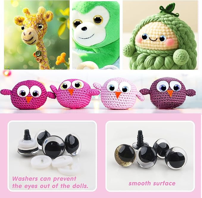 TOAOB 48 Set Safety Eyes Glitter Plastic for Amigurumis 16mm 18mm 25mm Round Craft Crochet Doll Eyes with Washers 8 Colors for DIY Puppet Stuffed Animals Making