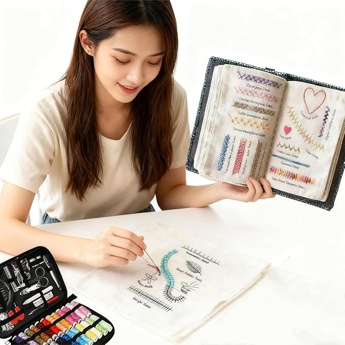 BEBIR New DIY Embroidery Stitch Book Kit,Gift for Craft Lovers,Includes Illustrated Guide to 106 Universal Embroidery Stitches with Free Tutorials and 86-Piece Sewing Tool Kit