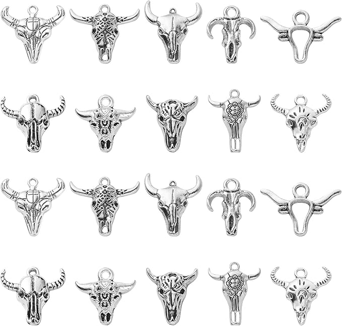 DanLingJewelry 100Pcs 10 Styles Antique Silver Cow Charms Western Cattle Head Charms for Jewelry Craft Making