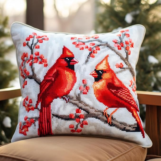 Christmas Red Bird Cardinal Latch Hook Pillow Kit for Adults Throw Pillow Cover with Printed Canvas Hook Crochet Yarn Needle Craft Easy Handmade Cushion for Home Sofa Decoration 43x43cm(10)