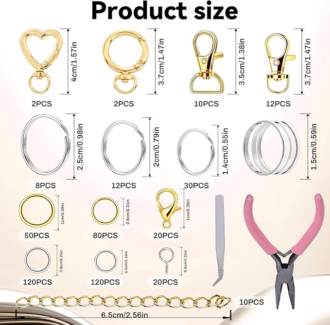 Prdingfy 579PCS Keychain Making Kit, Key Chain Supplies Including Keychain Clip, Key Rings, Lobster Claw Clasps, Jump Rings, Extender Chain,Pliers for Key Chain Making and Jewelry Making(Gold&Silver)