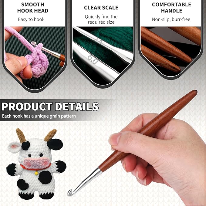 Lunarm 8 Pack Crochet Hooks Set, Ergonomic Aluminum Crochet Hooks with Wood Handle for Arthritic Hands DIY Craft Knitting Dolls, Bouquets, Blankets, Hats, Gloves from Various Yarns - Size 3mm-7mm