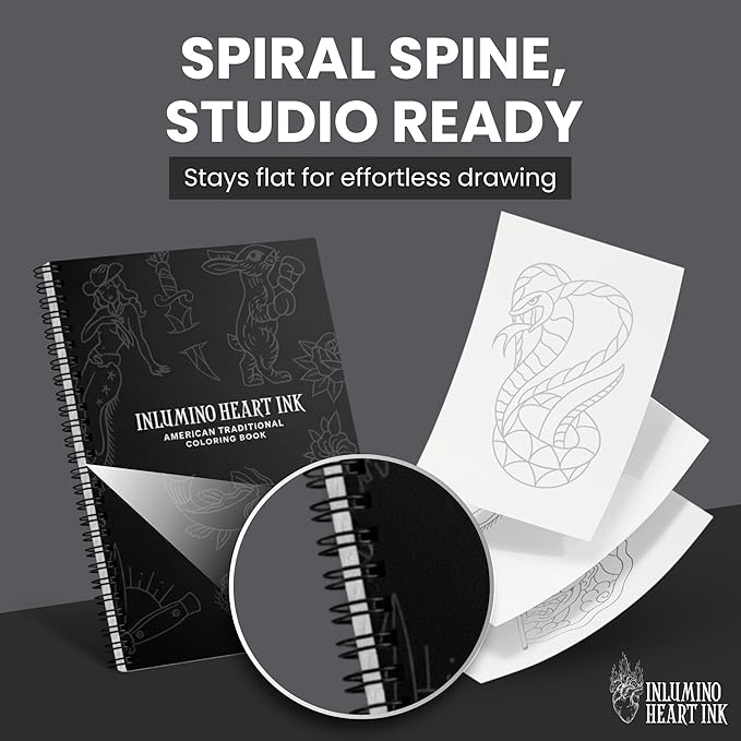 Inlumino Heart Ink Tattoo Practice Coloring Book: American Traditional – Spiral Bound Art Book with 40 Designs on 240 GSM Textured Pages – Use with Ballpoint Cartridges & Rotary Machines