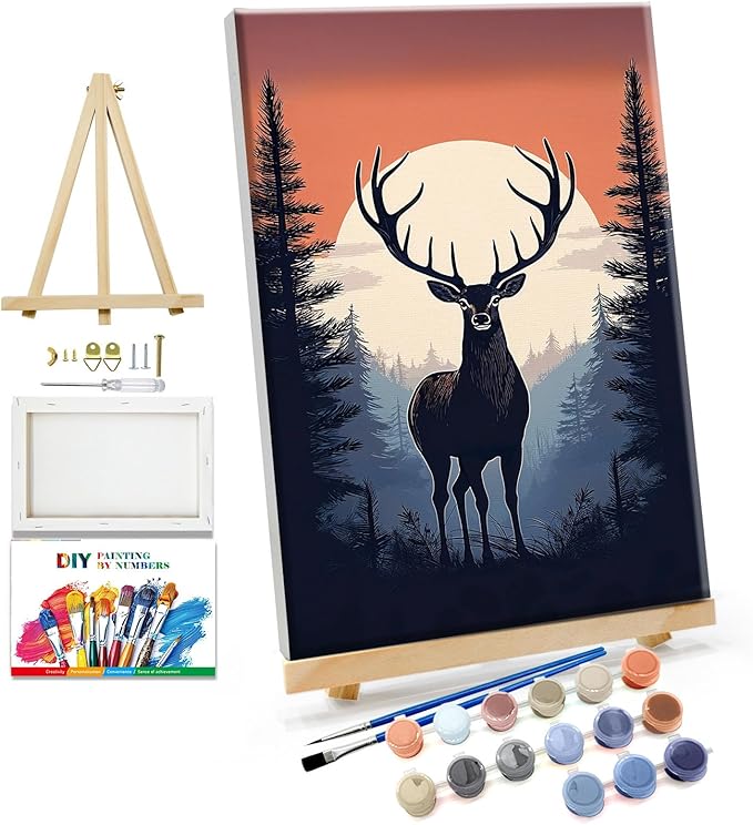 JOOZ Paint by Numbers Kit for Adults Framed Deer Paint by Number with Easel Moon Adult Paint by Number Kits Framed Canvas DIY Forest Oil Painting Kits for Home Wall Decor 8x12 Inch