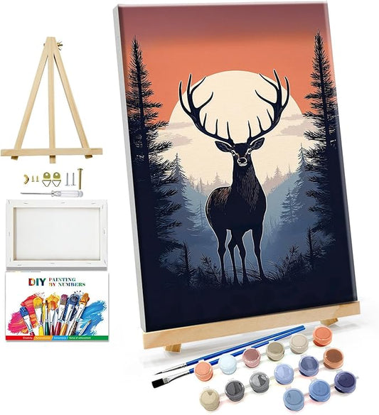 JOOZ Paint by Numbers Kit for Adults Framed Deer Paint by Number with Easel Moon Adult Paint by Number Kits Framed Canvas DIY Forest Oil Painting Kits for Home Wall Decor 8x12 Inch
