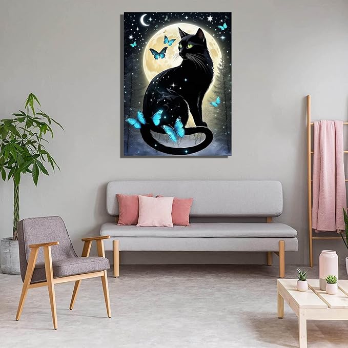 Meothan 5D Black Cat Diamond Art Kits for Adult Beginners Moon Cat Diamond Painting Kits for Adults Butterfly Diamond Painting Full Drill Round Rhinestones Gem Art for Home Wall Decor 11.8X15.7inch