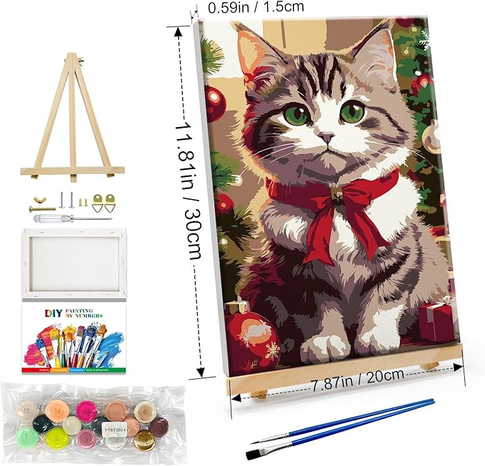 JOOZ Paint by Numbers Kit for Adults with Frame Christmas Cat Paint by Number with Easel Christmas Ball Adult Paint by Number Kits Framed DIY Oil Painting Kits for Gift Home Wall Decor 8x12 Inch