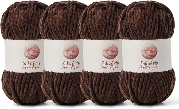 4 Pack Chunky Chenille Yarn for Crocheting, Baby Yarn for Crocheting Soft Blanket, 349.9 yds /14.1 oz Crochet Yarn, Bulky 5 Amigurumi Yarns, Fluffy Velvet Yarns for Knitting Crafts (4 Coffee)