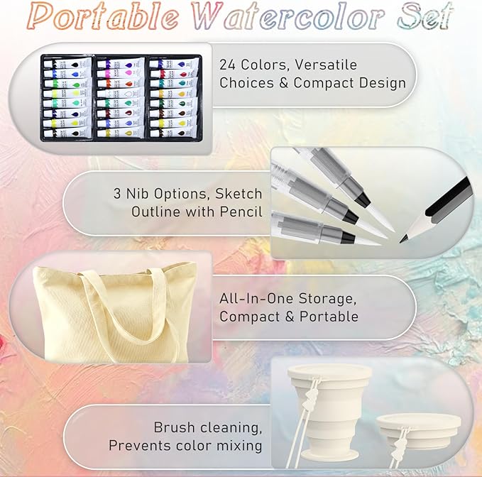 Mini Watercolor Paint Set, Watercolor Travel Set, 24-Color Pocket Watercolor Set with 15 Grids Paint Palette, Watercolor Journal, Cup, Bag, Spray Bottle, Pencil & Water Brush, for Art Lovers