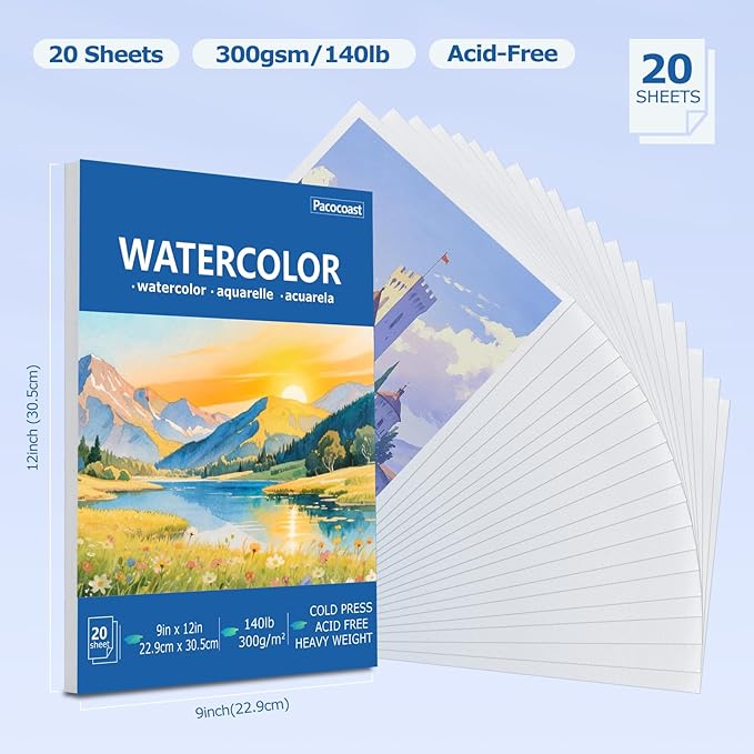 Pacocoast Watercolor Paper Pads, 9"X12" (300gsm/140lb) Cold Press Water Color Sketchbook, 20 Sheets. Perfect for Wet & Dry Media, Painting, Drawing. Ideal Art Supplies for Adults, Blue