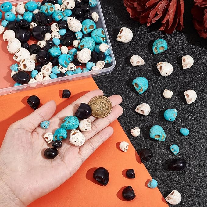 arricraft 144 Pcs 4 Sizes Skull Beads, Synthetic Turquoise Skull Head Beads Loose Spacer Beads Charm for Bracelet Necklace Jewelry DIY Craft Making Halloween Decoration