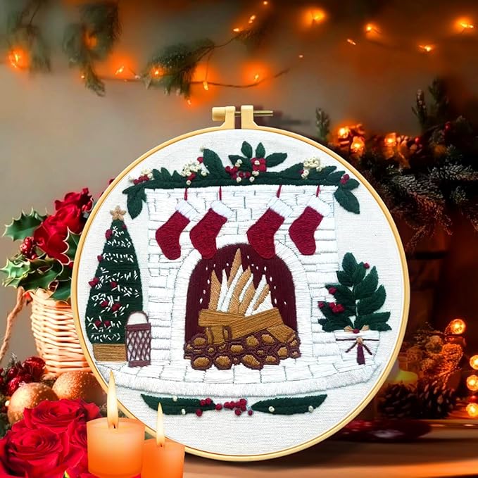 Zhenqing Christmas Embroidery Kit for Beginners - 4 Piece 29x29cm Round Designs with Embroidery Hoop, Threads & Tools (Snowy Cabin, Fireplace, Candy Cane, Holly)(C0066)