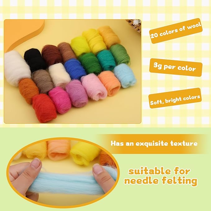 SOCNITC 20 Colors Needle Felting Kits for Beginners, Needle Supplies Kits with Tools,Wool Roving Set, Needle Felting Tools Kit with Needles, Felting Pad for DIY Handcrafts Decoration