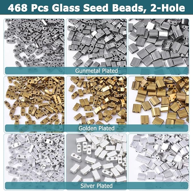 NBEADS About 468 Pcs 3 Sizes 2-Hole Beads, 3 Colors 1/4 Half 5x5mm/5x2mm/5×1mm Mini Japanese Glass Seed Beads for Bracelet Necklace Earring Jewelry Making