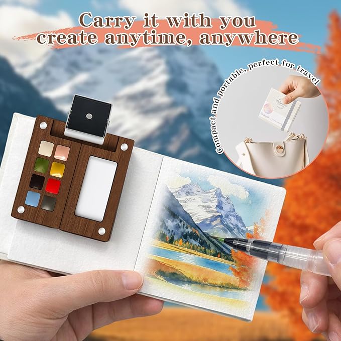 Mini Watercolor Paint Set - Mini Travel Watercolor Palette Set, Pocket Water Color Paint Palette Kit with 12 Colours, Sketchbook, Pens, Wooden Paints Box for Painters Artists
