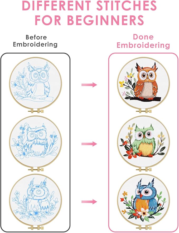 TINDTOP Embroidery Kit for Adults, Owl Embroidery Practice Kit for Adult Beginners Include Embroidery Cloth Hoops Threads for Craft Lover Hand Stitch with Embroidery Skill Techniques