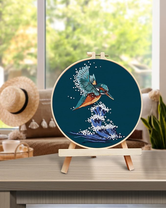 TINDTOP Embroidery Kit for Beginners Adult, Kingfisher Embroidery Kit for Beginners Include Embroidery Cloth Hoops Threads for Craft Lover Hand Stitch with Embroidery Skill Techniques