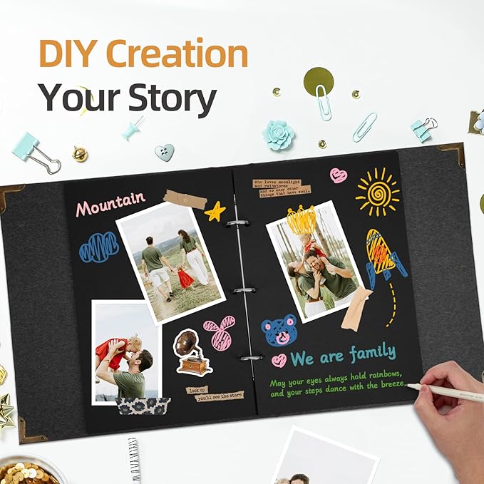 Vienrose DIY Scrapbook Photo Album Kit with Pens Tapes and Stickers 60 Pages Hardcover 8.5x11 Inches 3 Rings Removable Black Paper Scrapbooking for Lover Friends Kids Wedding Black